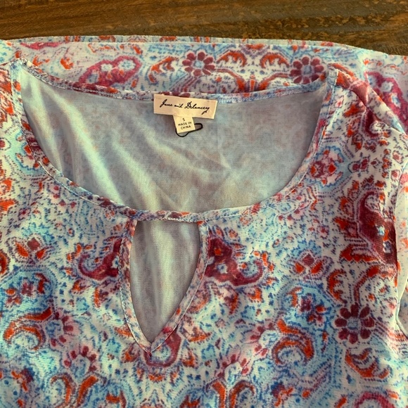 Paisley 70's Blue Pink Flare Sleeves Keyhole Top - Picture 5 of 6
